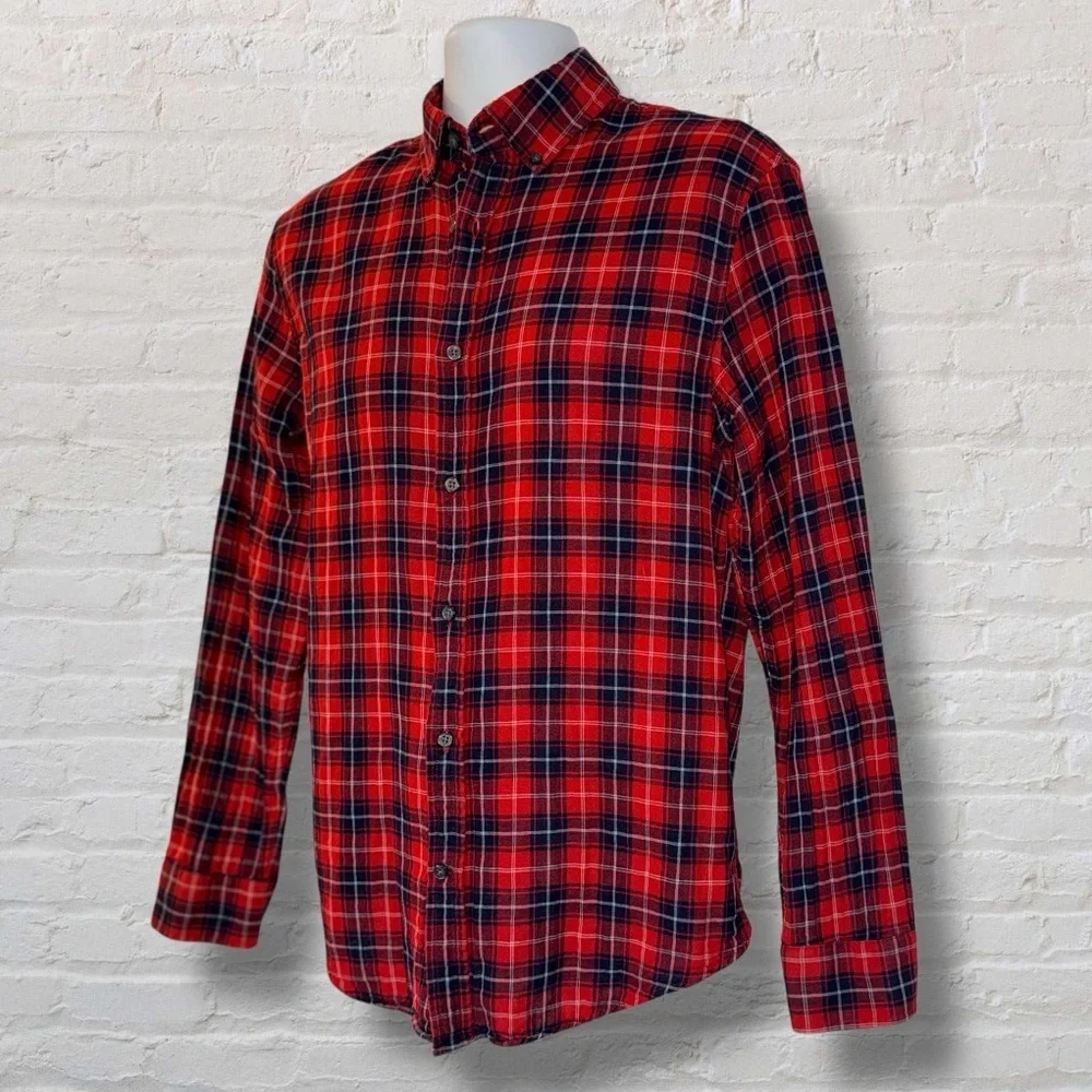 Banana Republic Slim Fit Plaid Flannel Shirt Red Navy Check Cotton Medium